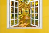 Window Murals for Home 3d Window View Yellow Wood 3d Wall Decals Autumn View Stickers Home
