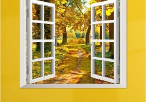 Window Murals for Home 3d Window View Yellow Wood 3d Wall Decals Autumn View Stickers Home