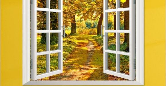 Window Murals for Home 3d Window View Yellow Wood 3d Wall Decals Autumn View Stickers Home