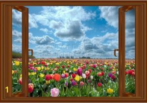 Window Murals for Walls 3d Window Decal Wall Sticker Home Decor Tulips Field View