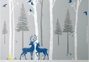 Winter forest Wall Mural Birch Trees Fir Trees Pine Trees with Deers Wall Decal