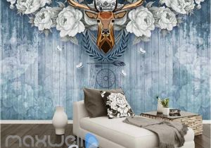 Wooden Murals Wall Hanging Vintage Deer Head with White Roses Blue Wooden Wall Art