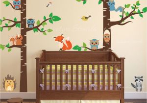 Woodland Animal Wall Mural Birch Tree forest Wall Decal with Creatures 1327