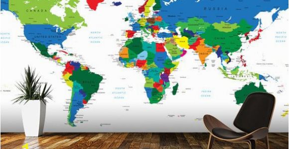 World Map Removable Wall Mural Bright World Map Wall Mural Room Setting