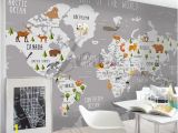 World Map Wall Mural Wallpaper 3d Nursery Kids Room Animal World Map Removable Wallpaper